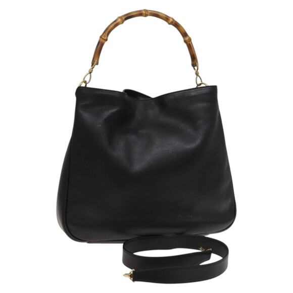 GUCCI Bamboo Hand Bag Leather Black Gold 001 001 - Picture 1 of 16